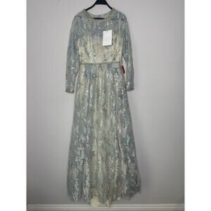 MAC DUGGAL Platinum Sequined 3/4 Sleeve Knee-Length Ball Gown 12460 Size 8